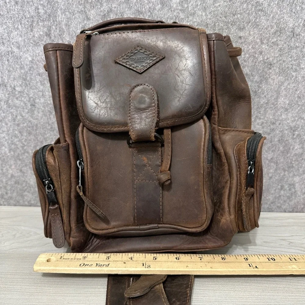 Vintage Tranco Backpack Women Small Brown Leather Multi Pocket Rucksack Bag‎